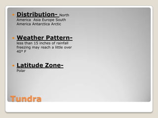    Distribution-           North
    America Asia Europe South
    America Antarctica Arctic



   Weather Pattern-
    less than 15 inches of rainfall
    freezing may reach a little over
    40° F



   Latitude Zone-
    Polar




Tundra
 