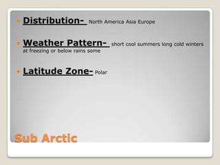    Distribution-             North America Asia Europe



   Weather Pattern-                  short cool summers long cold winters
    at freezing or below rains some



   Latitude Zone- Polar




Sub Arctic
 