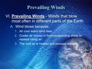 Prevailing Winds
VI. Prevailing Winds - Winds that blow
    most often in different parts of the Earth.
  A. Wind blows because:
     1. Air over warm land rises
     2. Cooler air moves in from surrounding areas to
        replace rising air
     3. The cool air is heated and process repeats
 