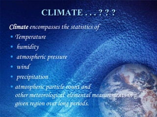 CLIMATE . . . ? ? ?
Climate encompasses the statistics of
• Temperature
• humidity
• atmospheric pressure
• wind
• precipitation
• atmospheric particle count and
  other meteorological elemental measurements in a
  given region over long periods.
 