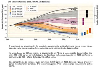 A quantidade de aquecimento do mundo irá experimentar está relacionada com a proporção de
gases de efeito estufa na atmosfera, conhecida como a concentração das emissões.
Há uma chance de 66% de manter o aquecimento a 2 °C, se a concentração das emissões ficar
entre 430 e 480 partes por milhão (ppm) de dióxido de carbono equivalente em 2100, conforme as
estimativas do IPCC - a faixa de luz azul no gráfico acima.
Se a concentração de emissões subir para mais de 580 ppm em 2100, torna-se " pouco provável "
para o mundo manter a meta de 2°C, conforme sugere o IPCC – faixas laranja, roxo, cinza no gráfico
acima.
 