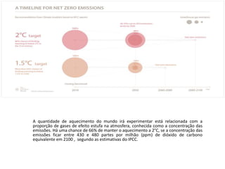 A quantidade de aquecimento do mundo irá experimentar está relacionada com a
proporção de gases de efeito estufa na atmosfera, conhecida como a concentração das
emissões. Há uma chance de 66% de manter o aquecimento a 2°C, se a concentração das
emissões ficar entre 430 e 480 partes por milhão (ppm) de dióxido de carbono
equivalente em 2100 , segundo as estimativas do IPCC.
 