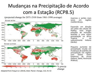 Mudanças na Precipitação de Acordo
com a Estação (RCP8.5)
Invernos e verões mais
secos em regiões
mediterrâneas.
Expansão em direção
aos pólos das células de
Hadley; mais longas
estações de monções
levando a uma maior
precipitação na áfrica
Tropical e no
subcontinente Indiano
(Verão).
Pequeno aumento de
precipitação resulta em
mudanças de padrões de
precipitação em regiões
com baixos níveis
históricos de chuva
(Sahara, Sahel, Península
Arábica).
 