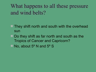 What happens to all these pressure
and wind belts?

 They shift north and south with the overhead
  sun
 Do they shift as far north and south as the
  Tropics of Cancer and Capricorn?
 No, about 5º N and 5º S
 