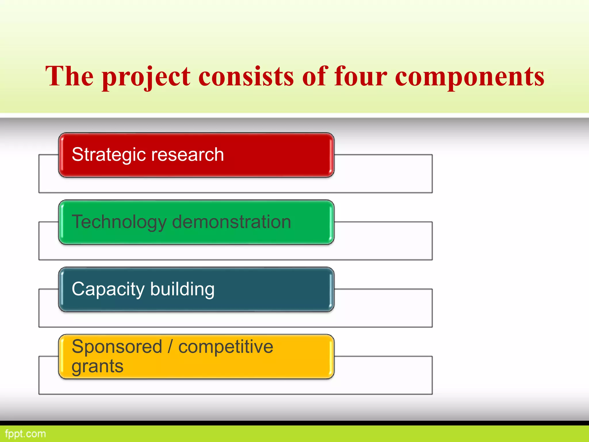 Strategic research
Technology demonstration
Capacity building
Sponsored / competitive
grants
The project consists of four components
 