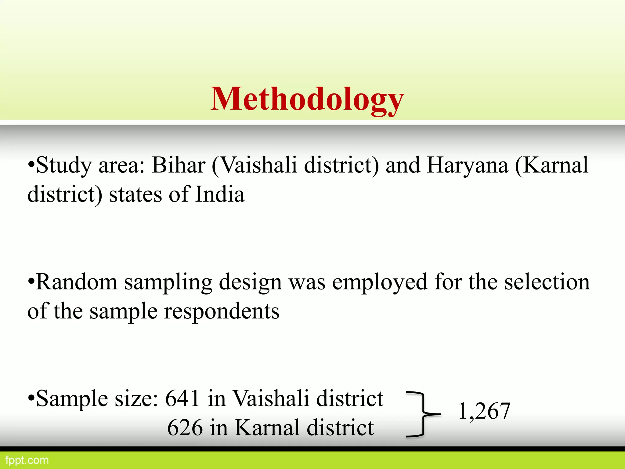 Methodology
•Study area: Bihar (Vaishali district) and Haryana (Karnal
district) states of India
•Random sampling design was employed for the selection
of the sample respondents
•Sample size: 641 in Vaishali district
626 in Karnal district
1,267
 