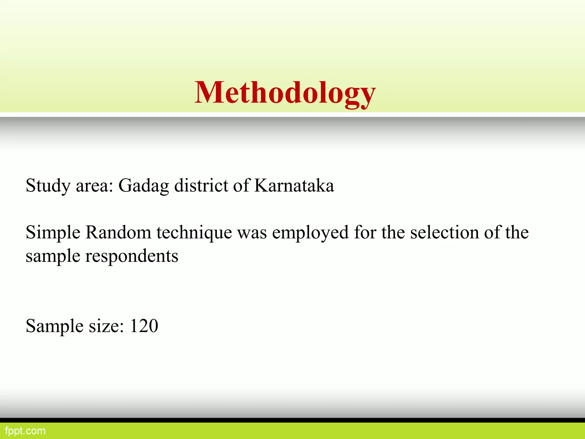 Methodology
Study area: Gadag district of Karnataka
Simple Random technique was employed for the selection of the
sample respondents
Sample size: 120
 