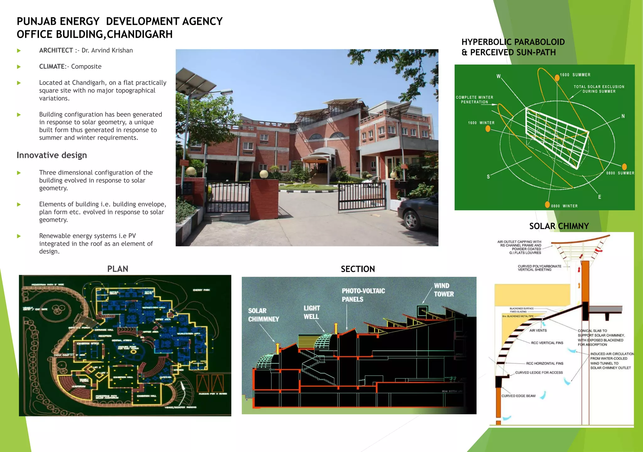 PUNJAB ENERGY DEVELOPMENT AGENCY
OFFICE BUILDING,CHANDIGARH
 ARCHITECT :- Dr. Arvind Krishan
 CLIMATE:- Composite
 Located at Chandigarh, on a flat practically
square site with no major topographical
variations.
 Building configuration has been generated
in response to solar geometry, a unique
built form thus generated in response to
summer and winter requirements.
Innovative design
 Three dimensional configuration of the
building evolved in response to solar
geometry.
 Elements of building i.e. building envelope,
plan form etc. evolved in response to solar
geometry.
 Renewable energy systems i.e PV
integrated in the roof as an element of
design.
PLAN SECTION
HYPERBOLIC PARABOLOID
& PERCEIVED SUN-PATH
SOLAR CHIMNY
 