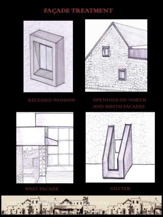 FAÇADE TREATMENT




 RECESSED WINDOW   OPENINGS ON NORTH
                   AND SOUTH FACADES




WEST FACADE             GUTTER
 