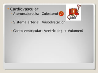 Cardiovascular Ateroesclerosis:  Colesterol  Sistema arterial: Vasodilatación Gasto ventricular: Ventrículo  + Volumen 