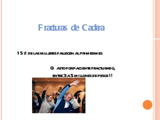 F ractu de Cade
                ras     ra

1 5 % de las muj fallecen alprimermes
                eres

              G astoporpaciente fracturado,
               entre 3a5 millones de pesos !!
 