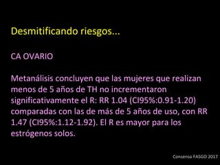 Desmitificando riesgos...
CA OVARIO
Metanálisis concluyen que las mujeres que realizan
menos de 5 años de TH no incrementaron
significativamente el R: RR 1.04 (CI95%:0.91-1.20)
comparadas con las de más de 5 años de uso, con RR
1.47 (CI95%:1.12-1.92). El R es mayor para los
estrógenos solos.
Consenso FASGO 2017
 