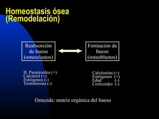Homeostasis ósea 
(Remodelación) 
Formación de 
hueso 
(osteoblastos) 
Reabsorción 
de hueso 
(osteoclastos) 
H. Paratiroidea (+) 
Calcitriol (+) 
Estrógenos (-) 
Testosterona (-) 
Calcitonina (+) 
Estrógenos (+) 
Edad (-) 
Corticoides (-) 
Osteoide: matriz orgánica del hueso 
 
