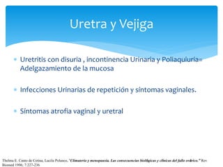  Uretritis con disuria , incontinencia Urinaria y Poliaquiuria=
Adelgazamiento de la mucosa
 Infecciones Urinarias de repetición y síntomas vaginales.
 Síntomas atrofia vaginal y uretral
Uretra y Vejiga
Thelma E. Canto de Cetina, Lucila Polanco, “Climaterio y menopausia. Las consecuencias biológicas y clínicas del fallo ovárico.” Rev
Biomed 1996; 7:227-236.
 