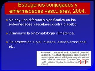  Nohay una diferencia significativa en las
 enfermedades vasculares contra placebo.

 Disminuye   la sintomatología climatérica.

 Da protección a piel, huesos, estado emocional,
 etc.
 