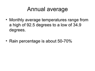 Annual average Monthly average temperatures range from a high of 92.5 degrees to a low of 34.9 degrees. Rain percentage is about 50-70%