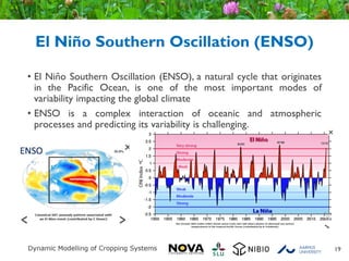 El Niño Southern Oscillation (ENSO)
• El Niño Southern Oscillation (ENSO), a natural cycle that originates
in the Pacific Ocean, is one of the most important modes of
variability impacting the global climate
• ENSO is a complex interaction of oceanic and atmospheric
processes and predicting its variability is challenging.
19
 