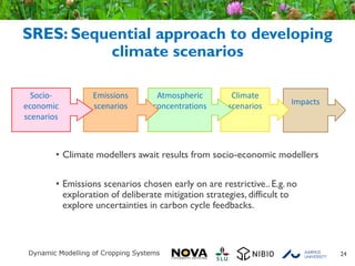 SRES: Sequential approach to developing
climate scenarios
24
Impacts
Climate
scenarios
Atmospheric
concentrations
Emissions
scenarios
Socio-
economic
scenarios
• Climate modellers await results from socio-economic modellers
• Emissions scenarios chosen early on are restrictive.. E.g. no
exploration of deliberate mitigation strategies, difficult to
explore uncertainties in carbon cycle feedbacks.
 