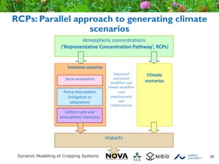 RCPs: Parallel approach to generating climate
scenarios
28
Impacts
Emissions scenarios
Atmospheric concentrations
(‘Representative Concentration Pathway’, RCPs)
Climate
scenarios
Integrated
assessment
modellers and
climate modellers
work
simultaneously
and
collaboratively
Socio-economics
Policy Intervention
(mitigation or
adaptation)
Carbon cycle and
atmospheric chemistry
 