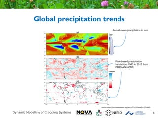 Global precipitation trends
6
Annual mean precipitation in mm
Pixel-based precipitation
trends from 1983 to 2015 from
PERSIANN-CDR
Source:https://journals.ametsoc.org/doi/10.1175/BAMS-D-17-0065.1
 