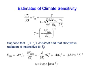 Estimates of Climate Sensitivity
1
1
1
s
R N
TOA i
i i s
T S
F x
Q
S
x T
 


 
 


 

1
TOA
s
F
S
T

 

 
 

 
Suppose that Ts = Te + constant and that shortwave
radiation is insensitive to Ts:
4 4 3 2 1
, 4 3.8
TOA
TOA e e e
s s
F
F T T T Wm K
T T
    
 
       
 
 
1
2
0.26
S K Wm



 