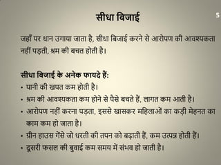 सीधा वबजाई
जहााँ पर िान उगाया जाता है, सीिा धबजाई करने से आरोपण की आवश्यकता
नहीं पड़ती, श्रम की बचत होती है।
सीधा वबजाई के अनेक फायिे हैं:
• पानी की खपत कम होती है।
• श्रम की आवश्यकता कम होने से पैसे बचते हैं, लागत कम आती है।
• आरोपण नहीं करना पड़ता, इससे खासकर मधहलाओं का कड़ी मेहनत का
काम कम हो जाता है।
• ग्रीन हाउस गेंसे जो िरती की तपन को बढ़ाती हैं, कम उत्पन्न होती हैं।
• दू सरी फसल की बुवाई कम समय में संभव हो जाती है।
5
 