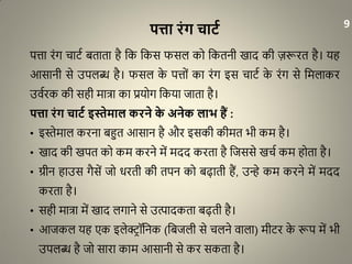 पत्ता रंग चाटट
पत्ता रंग चािा बताता है धक धकस फसल को धकतनी खाद की ज़रूरत है। यह
आसानी से उपलब्ध है। फसल के पत्तों का रंग इस चािा के रंग से धमलाकर
उवारक की सही मात्रा का प्रयोग धकया जाता है।
पत्ता रंग चाटट इस्तेमाल करने के अनेक लाभ हैं :
• इस्तेमाल करना बहुत आसान है और इसकी कीमत भी कम है।
• खाद की खपत को कम करने में मदद करता है धजससे खचा कम होता है।
• ग्रीन हाउस गैसें जो िरती की तपन को बढ़ाती हैं, उन्हे कम करने में मदद
करता है।
• सही मात्रा में खाद लगाने से उत्पादकता बढ़ती है।
• आजकल यह एक इलेक्टर ॉधनक (धबजली से चलने वाला) मीिर के रूप में भी
उपलब्ध है जो सारा काम आसानी से कर सकता है।
9
 