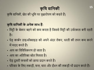 कृ वि िावनकी
कृ धर् वाधनकी, खेत की भूधम पर वृक्षारोपण को कहते हैं|
कृ वि िावनकी के अनेक लाभ हैं:
• धमट्टी के बेकार बहने को कम करता है धजससे धमट्टी की उवारकता बनी रहती
है।
• पेड़ काबान राइऑक्साइर को अपने अंदर लेकर, िरती की तपन कम करने
में मदद करते हैं।
• आय का धवधवधिकरण हो जाता है।
• आय का अधतररि स्रोत धमलता है।
• पेड़ दू सरी फसलों को छाया प्रदान करते हैं।
• पररवार के धलए लकड़ी, फल, चारा और ईंिन की लकड़ी भी प्रदान करते हैं।
15
 