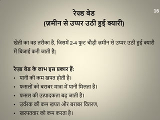 रेज़्र बेर
(ज़मीन से उप्पर उठी हुई क्यारी)
खेती का वह तरीका है, धजसमें 2-4 फु ि चौड़ी ज़मीन से उप्पर उठी हुई क्यारी
में धबजाई करी जाती है|
रेज़्र बेर के लाभ इस प्रकार हैं:
• पानी की कम खपत होती है।
• फसलों को बराबर मात्रा में पानी धमलता है।
• फसल की उत्पादकता बढ़ जाती है।
• उवारक की कम खपत और बराबर धवतरण,
• खरपतवार को कम करता है।
16
 