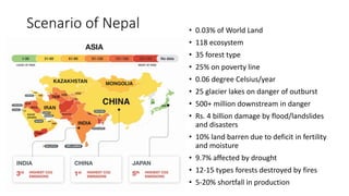 Scenario of Nepal • 0.03% of World Land
• 118 ecosystem
• 35 forest type
• 25% on poverty line
• 0.06 degree Celsius/year
• 25 glacier lakes on danger of outburst
• 500+ million downstream in danger
• Rs. 4 billion damage by flood/landslides
and disasters
• 10% land barren due to deficit in fertility
and moisture
• 9.7% affected by drought
• 12-15 types forests destroyed by fires
• 5-20% shortfall in production
 
