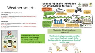 Weather smart
Weather smart: weather
forecasts, ICT based agro
advisories ,index based
insurance, climate analogues
 