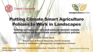 Putting Climate Smart Agriculture
Policies to Work in Landscapes
Training curriculum to help sub-national decision makers
operationalize national climate smart agriculture policies
Dr. Louise Buck
Department of Natural Resources, Cornell University
Director of Collaborative Management, EcoAgriculture Partners
GACSA: Catalyzing Action Toward Climate Smart Agriculture – September 27, 2018
Climate Week NYC
 