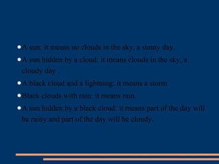 ●A sun: it means no clouds in the sky, a sunny day. 
●A sun hidden by a cloud: it means clouds in the sky, a 
cloudy day . 
●A black cloud and a lightning: it means a storm. 
●Black clouds with rain: it means rain. 
●A sun hidden by a black cloud: it means part of the day will 
be rainy and part of the day will be cloudy. 
 