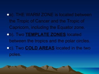 ●a). THE WARM ZONE is located between 
the Tropic of Cancer and the Tropic of 
Capricorn, including the Equator zone. 
●b). Two TEMPLATE ZONES located 
between the tropics and the polar circles. 
●c). Two COLD AREAS located in the two 
poles. 
 