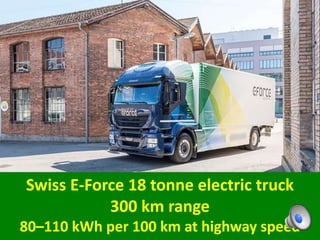 Swiss E-Force 18 tonne electric truck
300 km range
80–110 kWh per 100 km at highway speed
 