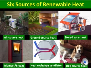 Six Sources of Renewable Heat
Air-source heat Ground-source heat Stored solar heat
Biomass/Biogas Heat exchange ventilator Dog-source heat
 