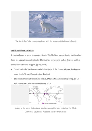 The Arctic Fox’s fur changes colours with the seasons to help camoflage it
Mediterranean Climate
Irelands climate is a cool temperate climate. The Mediterranean climate, on the other
hand is a warm temperate climate. The Med lies between 30 and 40 degrees north of
the equator. (Ireland is apprx. 55 deg north)
 Countries in the Mediterranean include- Spain, Italy, France, Greece, Turkey and
some North African Countries. (eg. Tunisia)
 The mediterranean type climate is HOT, DRY SUMMERS (average temp. 30 C)
and MILD, WET winters (average temp. 9 C)
Areas of the world that enjoy a Mediterranean Climate, including the ‘Med’,
California, Southwest Australia and Southern Chile
 