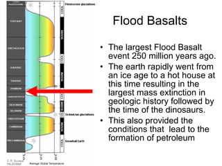 Flood Basalts The largest Flood Basalt event 250 million years ago. The earth rapidly went from an ice age to a hot house at this time resulting in the largest mass extinction in geologic history followed by the time of the dinosaurs. This also provided the conditions that  lead to the formation of petroleum 