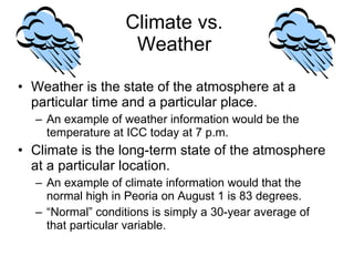 Climate vs.  Weather  Weather is the state of the atmosphere at a particular time and a particular place. An example of weather information would be the temperature at ICC today at 7 p.m. Climate is the long-term state of the atmosphere at a particular location. An example of climate information would that the normal high in Peoria on August 1 is 83 degrees. “ Normal” conditions is simply a 30-year average of that particular variable. 