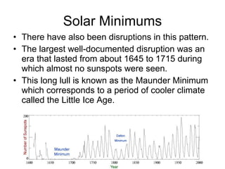 Solar Minimums There have also been disruptions in this pattern.  The largest well-documented disruption was an era that lasted from about 1645 to 1715 during which almost no sunspots were seen.  This long lull is known as the Maunder Minimum which corresponds to a period of cooler climate called the Little Ice Age. 