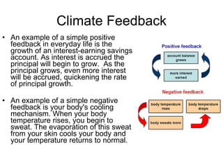 An example of a simple positive feedback in everyday life is the growth of an interest-earning savings account. As interest is accrued the principal will begin to grow.  As the principal grows, even more interest will be accrued, quickening the rate of principal growth.  An example of a simple negative feedback is your body's cooling mechanism. When your body temperature rises, you begin to sweat. The evaporation of this sweat from your skin cools your body and your temperature returns to normal.  Climate Feedback 