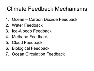 Climate Feedback Mechanisms Ocean – Carbon Dioxide Feedback Water Feedback Ice-Albedo Feedback Methane Feedback Cloud Feedback Biological Feedback Ocean Circulation Feedback 