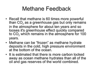 Methane Feedback Recall that methane is 60 times more powerful than CO 2  as a greenhouse gas but only remains in the atmosphere for about ten years and so looses it's greenhouse effect quickly compared to CO 2  which remains in the atmosphere for 100 years.  Methane can be “frozen” as methane hydrate deposits in the cold, high pressure environment at the bottom of the ocean. It is estimated that there is more carbon locked away as ocean methane hydrates than all of the oil and gas reserves of the world combined.  