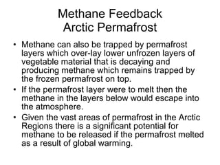 Methane Feedback Arctic Permafrost Methane can also be trapped by permafrost layers which over-lay lower unfrozen layers of vegetable material that is decaying and producing methane which remains trapped by the frozen permafrost on top.  If the permafrost layer were to melt then the methane in the layers below would escape into the atmosphere.  Given the vast areas of permafrost in the Arctic Regions there is a significant potential for methane to be released if the permafrost melted as a result of global warming.  