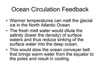 Ocean Circulation Feedback Warmer temperatures can melt the glacial ice in the North Atlantic Ocean  The fresh melt water would dilute the salinity (lower the density) of surface waters and thus reduce sinking of the surface water into the deep ocean.  This would slow the ocean conveyer belt that brings warm water from the equator to the poles and result in cooling. 