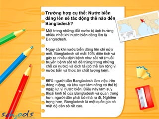 Một trong những đất nước bị ảnh hưởng nhiều nhất khi nước biển dâng lên là Bangladesh. Ngay cả khi nước biển dâng lên chỉ nửa mét, Bangladesh sẽ mất 10% diện tích và gây ra nhiều dịch bệnh như sốt rét (muỗi truyền bệnh sốt rét đẻ trứng trong những chỗ có nước) và dịch tả (có thể lan rộng vì nước bẩn và thức ăn chất lượng kém. 66% người dân Bangladesh làm việc trên đồng ruộng, và khu vực làm nông có thể bị ngập lụt vì nước biển. Điều này làm suy thoái kinh tế của Bangladesh và quan trọng hơn, người dân phải bỏ nhà ra đi. Nghiêm trọng hơn, Bangladesh là một quốc gia có mật độ dân số rất cao. Trường hợp cụ thể: Nước biển dâng lên sẽ tác động thế nào đến Bangladesh? 