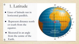 1. Latitude
● Lines of latitude run in
horizontal parallels.
● Represent distance north
or south from the
equator.
● Measured in an angle
from the centre of the
Earth.
 