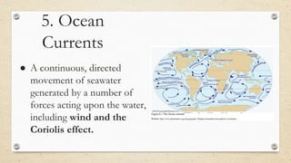 5. Ocean
Currents
● A continuous, directed
movement of seawater
generated by a number of
forces acting upon the water,
including wind and the
Coriolis effect.
 