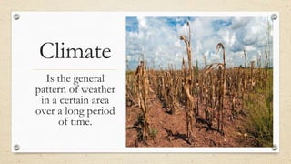 Climate
Is the general
pattern of weather
in a certain area
over a long period
of time.
 