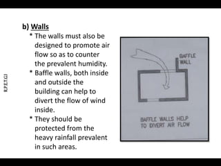 R.P.E.T.G.I
b) Walls
* The walls must also be
designed to promote air
flow so as to counter
the prevalent humidity.
* Baffle walls, both inside
and outside the
building can help to
divert the flow of wind
inside.
* They should be
protected from the
heavy rainfall prevalent
in such areas.
 